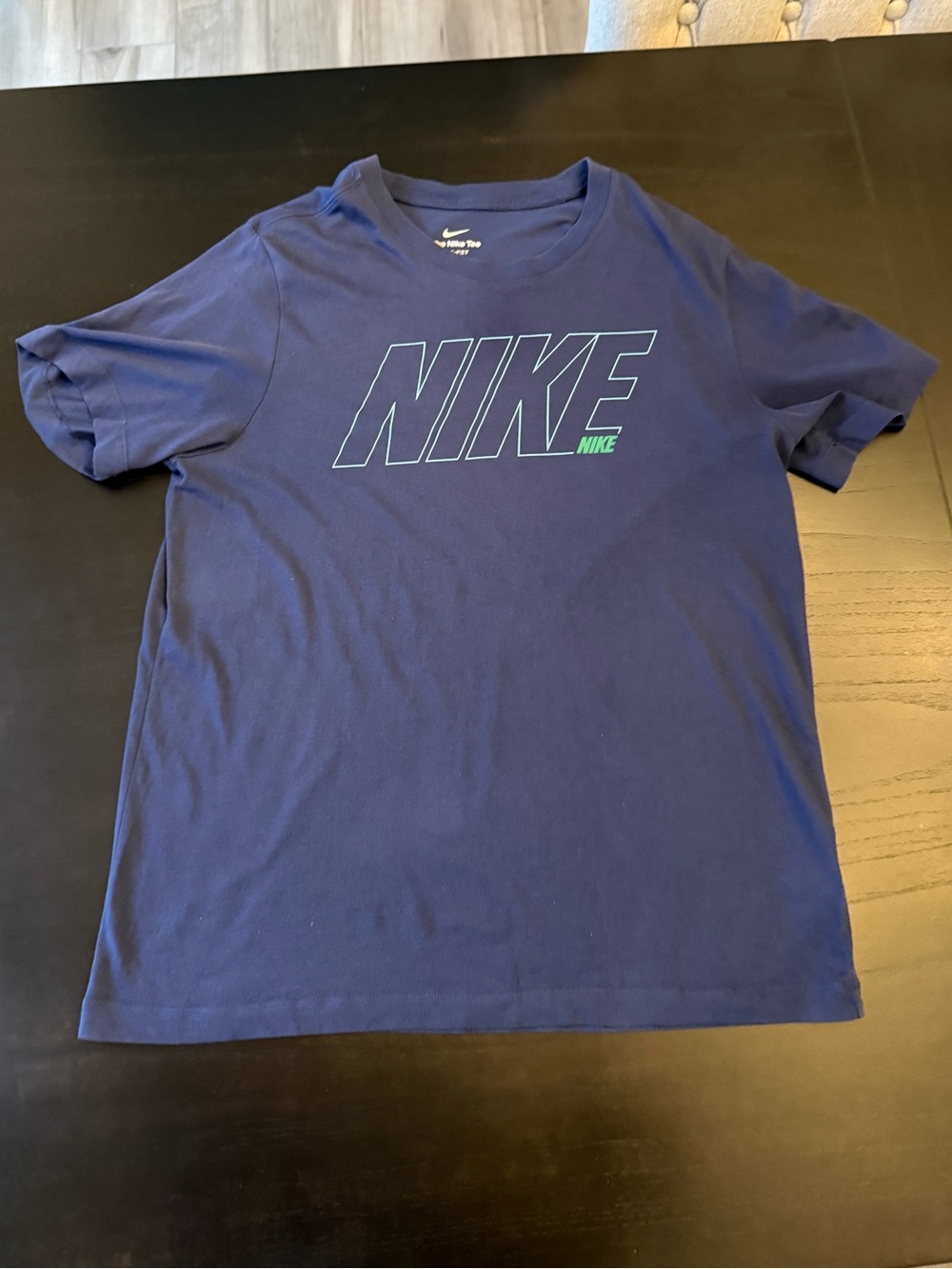 Nike Navy Short Sleeve Logo Tee with Green Accent